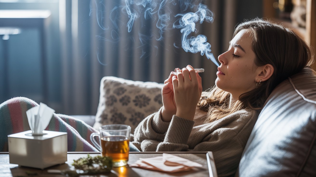 Alt text: sick person resting couch with blanket tissues tea cannabis smoke wellness contrast illness relief