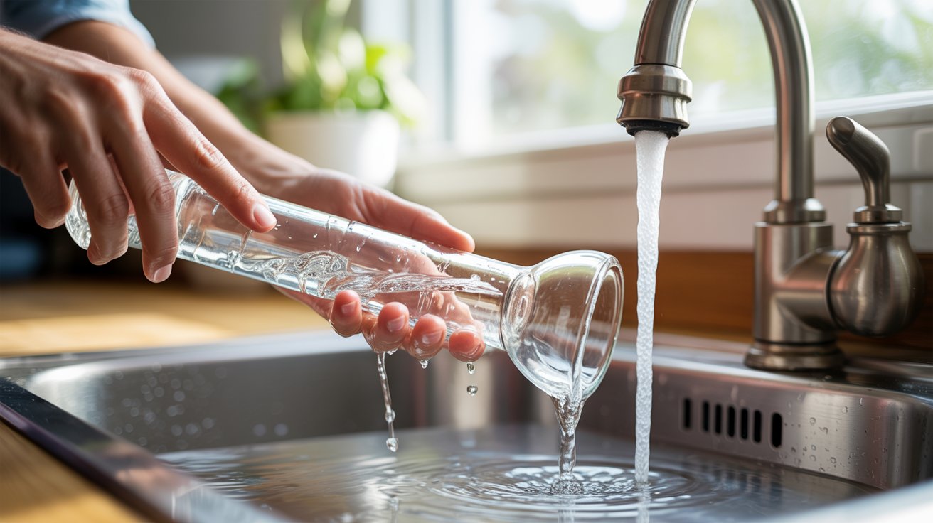 "Close-up of a glass pipe being rinsed under running warm water in a kitchen sink with residue being flushed out and clear water flowing through the interior"
