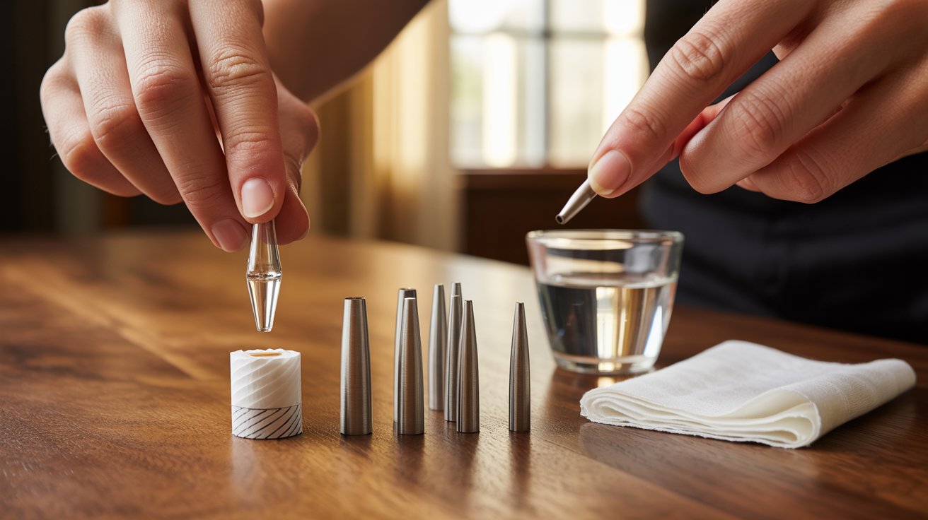"Hands handling glass and metal reusable filter tips with rolling papers and cleaning supplies on a wooden table."