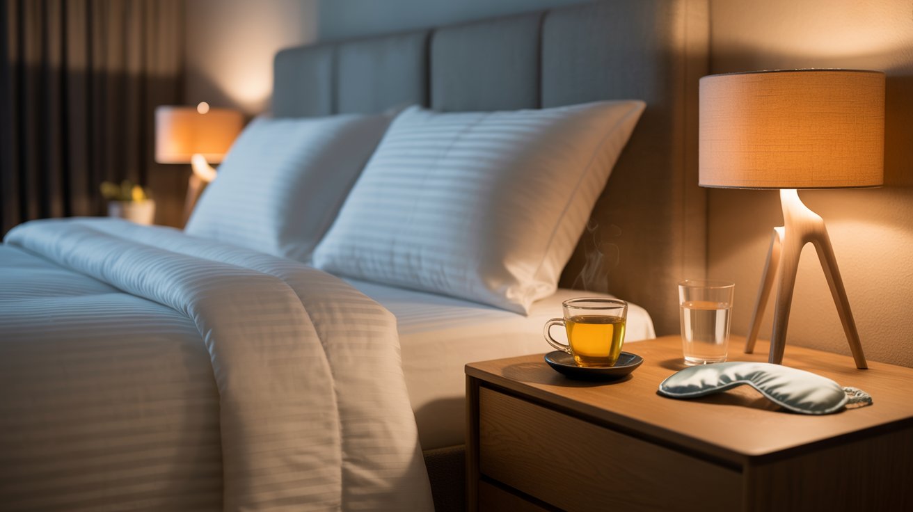 "Calm bedroom setup with herbal tea, sleep mask, and soft lighting supporting improved sleep during detox recovery."