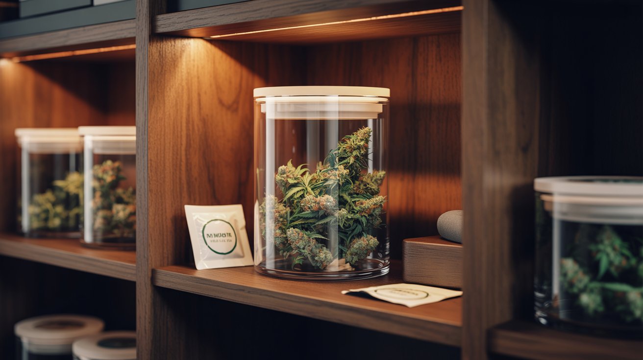 "Fresh cannabis stored in airtight glass jars with humidity packs in a cool dark place to maintain weed freshness."
