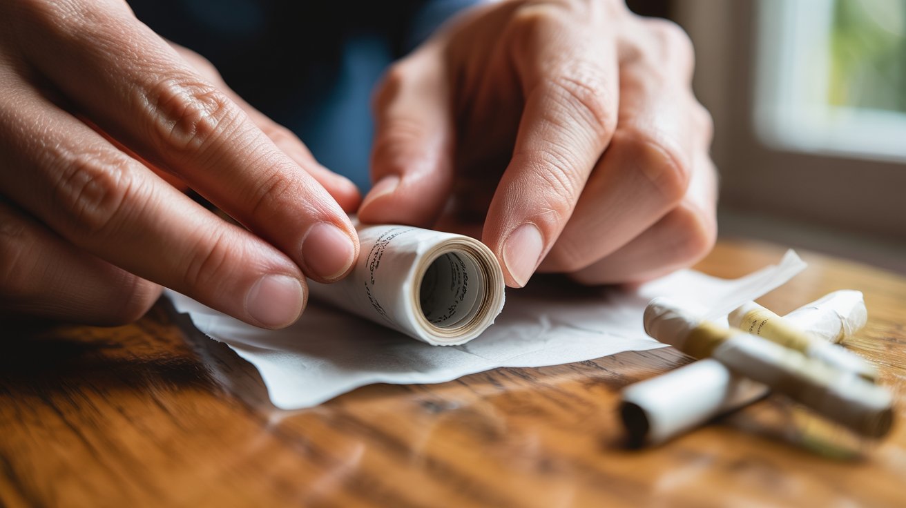 "Hands adjusting a paper filter tip on a wooden table to ensure proper airflow while rolling."