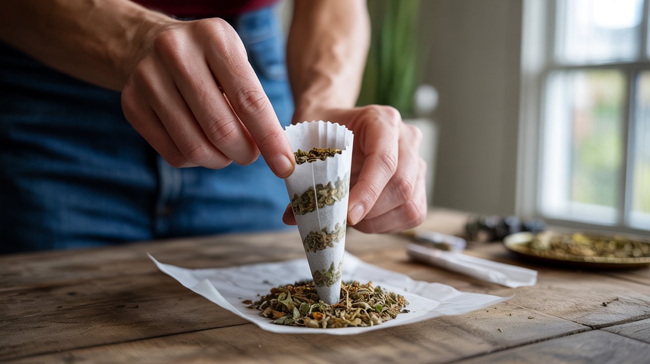"Close-up of hands layering dried herbal blend into a pre-rolled cone on a wooden table under soft natural light"