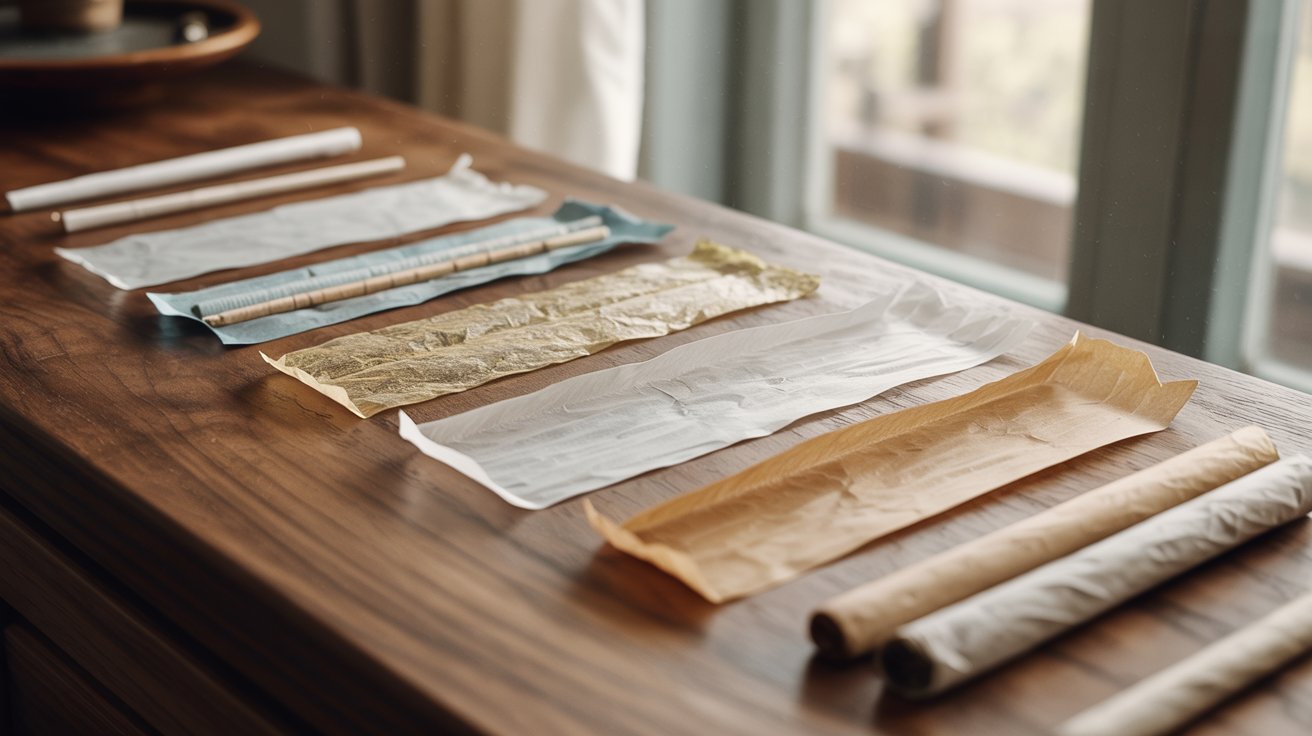"Flat lay image of different rolling papers including rice, hemp, and wood pulp varieties arranged on a wooden surface, highlighting texture and material differences in soft cinematic lighting"