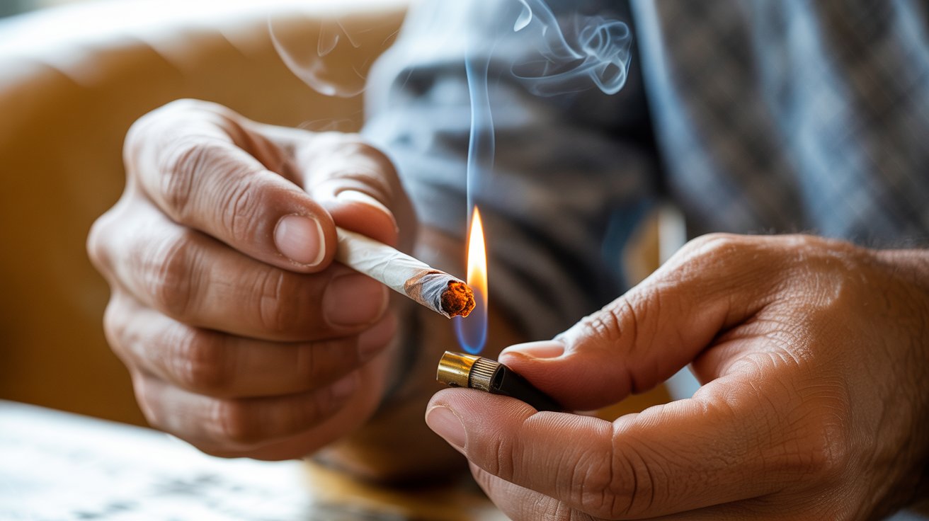 "Person correcting an uneven joint burn early with a lighter to maintain a smooth and even smoking experience."