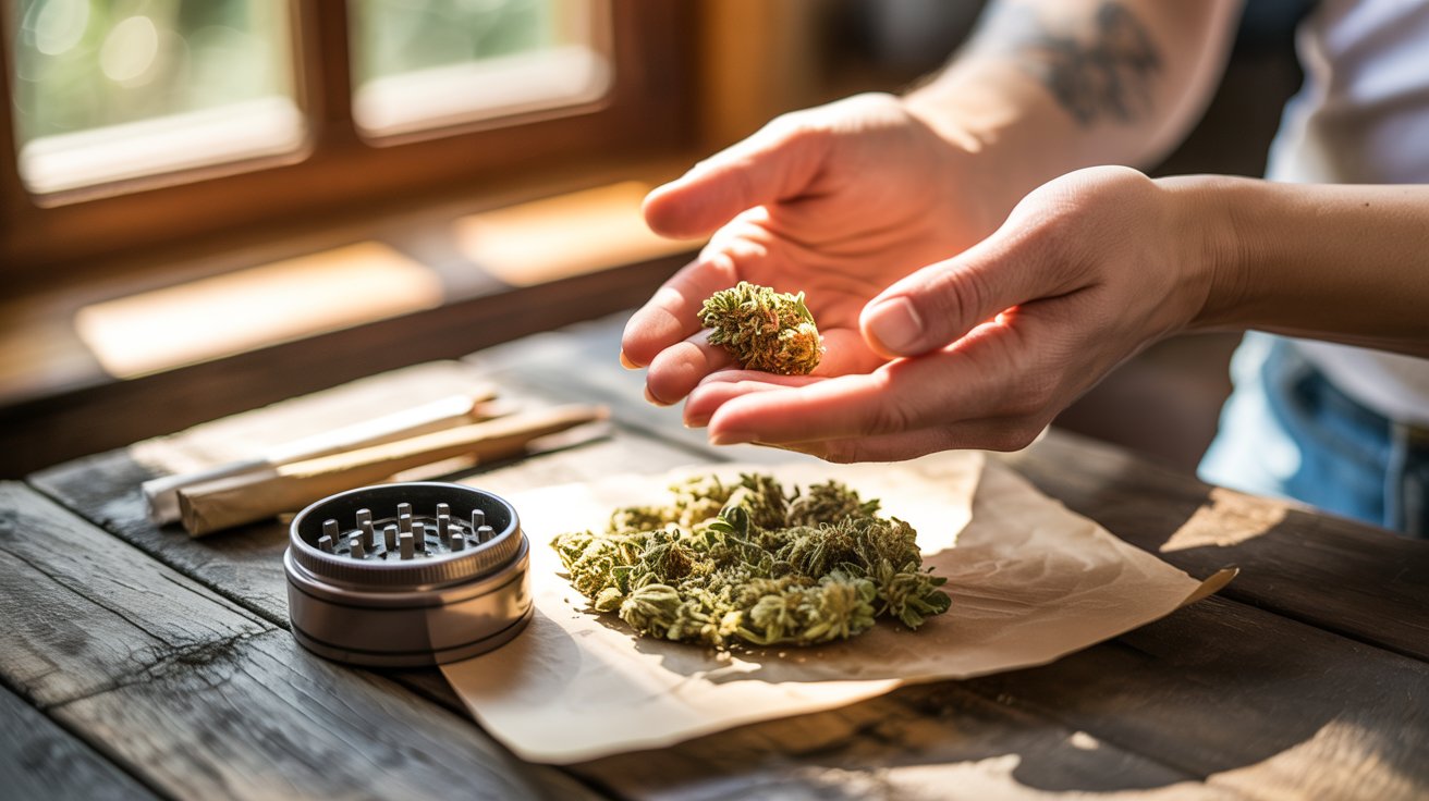 "Freshly ground cannabis with grinder and rolling paper prepared for rolling a smooth filterless joint."
