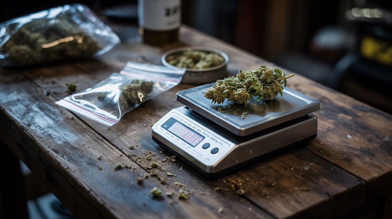 "Cannabis buds beside unidentified substances and packaging materials in a realistic dark setting."