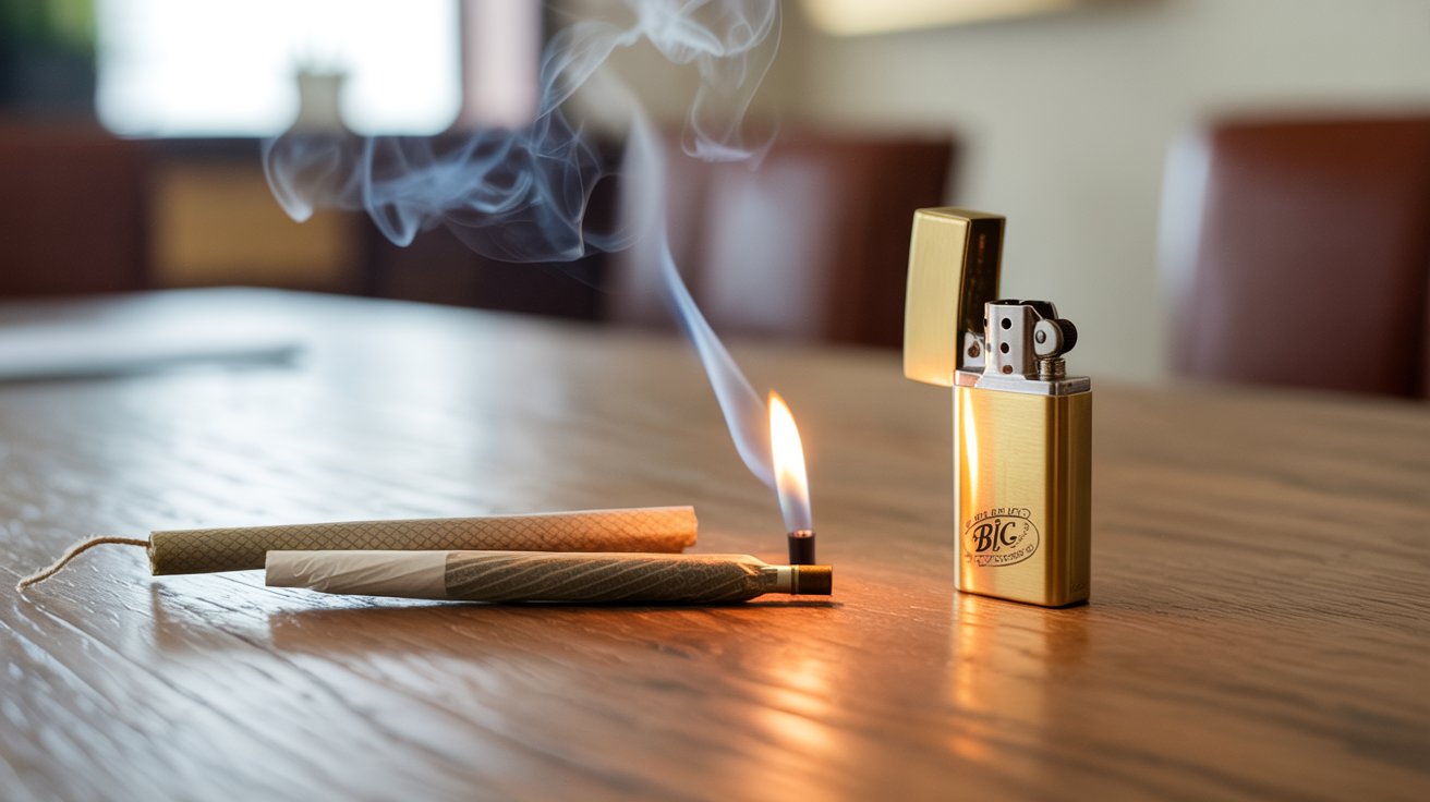"Rolled joint with a Bic lighter and hemp wick prepared for a smooth and even lighting experience."