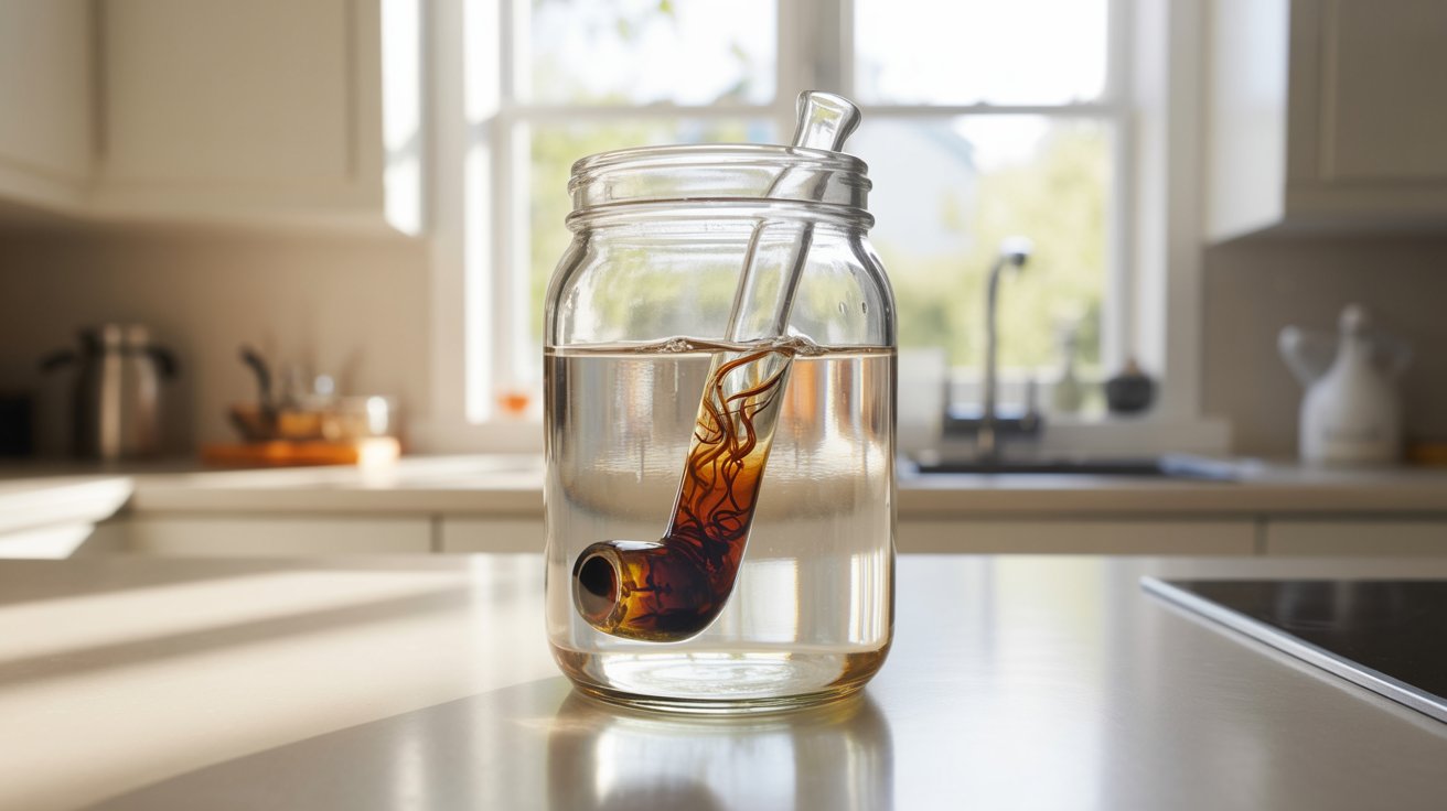 "Close-up of a glass pipe soaking in a jar of alcohol on a kitchen counter with visible residue loosening and dissolving into the liquid during a deep cleaning process"