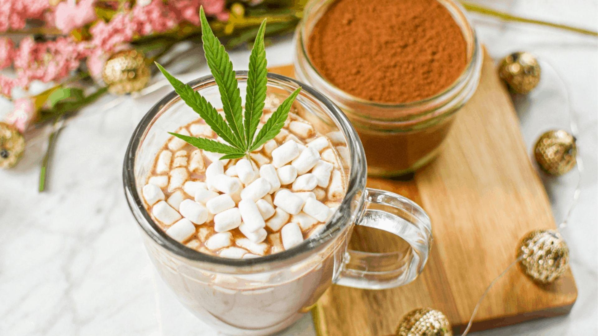 Cannabis hot chocolate topped with marshmallows and fresh leaf in glass mug for cozy infused drink recipes