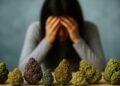 Distressed person holding head in hands behind various cannabis buds, representing different strains people consider for depression relief