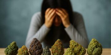 Distressed person holding head in hands behind various cannabis buds, representing different strains people consider for depression relief