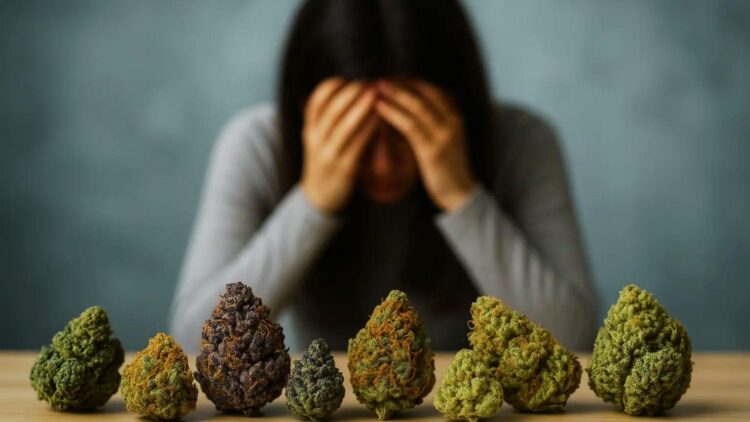 Distressed person holding head in hands behind various cannabis buds, representing different strains people consider for depression relief