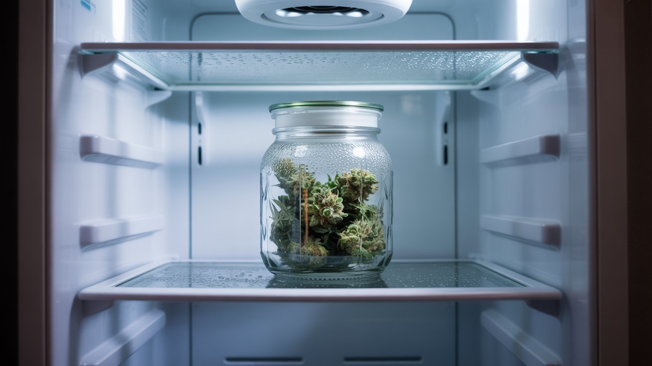 "Cannabis stored in a sealed glass jar inside a refrigerator for controlled long-term weed preservation and freshness."