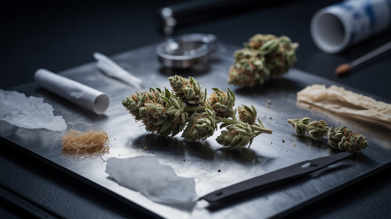 "Realistic close-up of cannabis buds contaminated with unidentified substances and chemical residue."