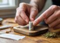 "Person making a homemade joint filter from cardstock beside rolling papers and cannabis on a wooden tray."