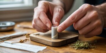 "Person making a homemade joint filter from cardstock beside rolling papers and cannabis on a wooden tray."