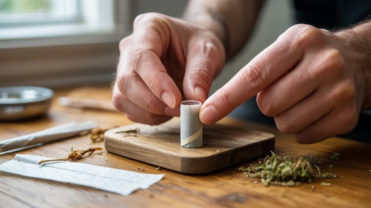"Person making a homemade joint filter from cardstock beside rolling papers and cannabis on a wooden tray."