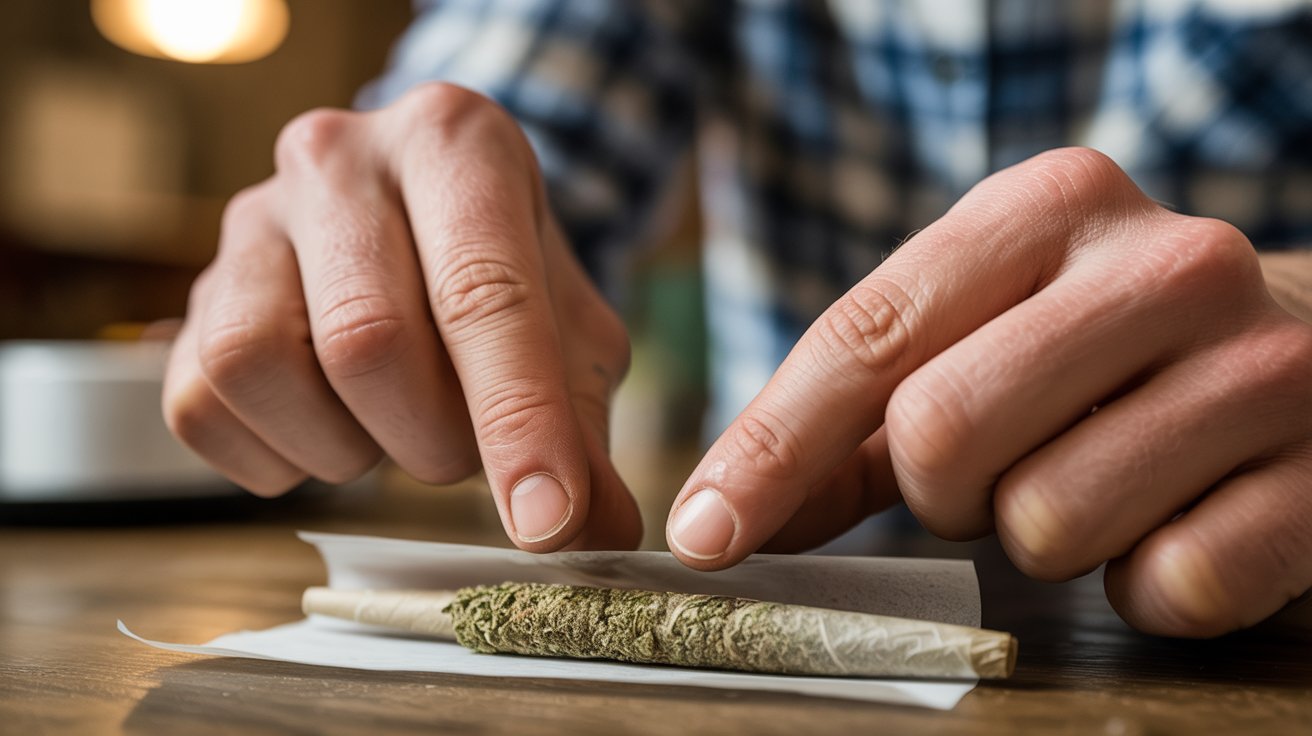 "Hands carefully rolling and tucking a filterless joint with even pressure for smooth airflow and an even burn."