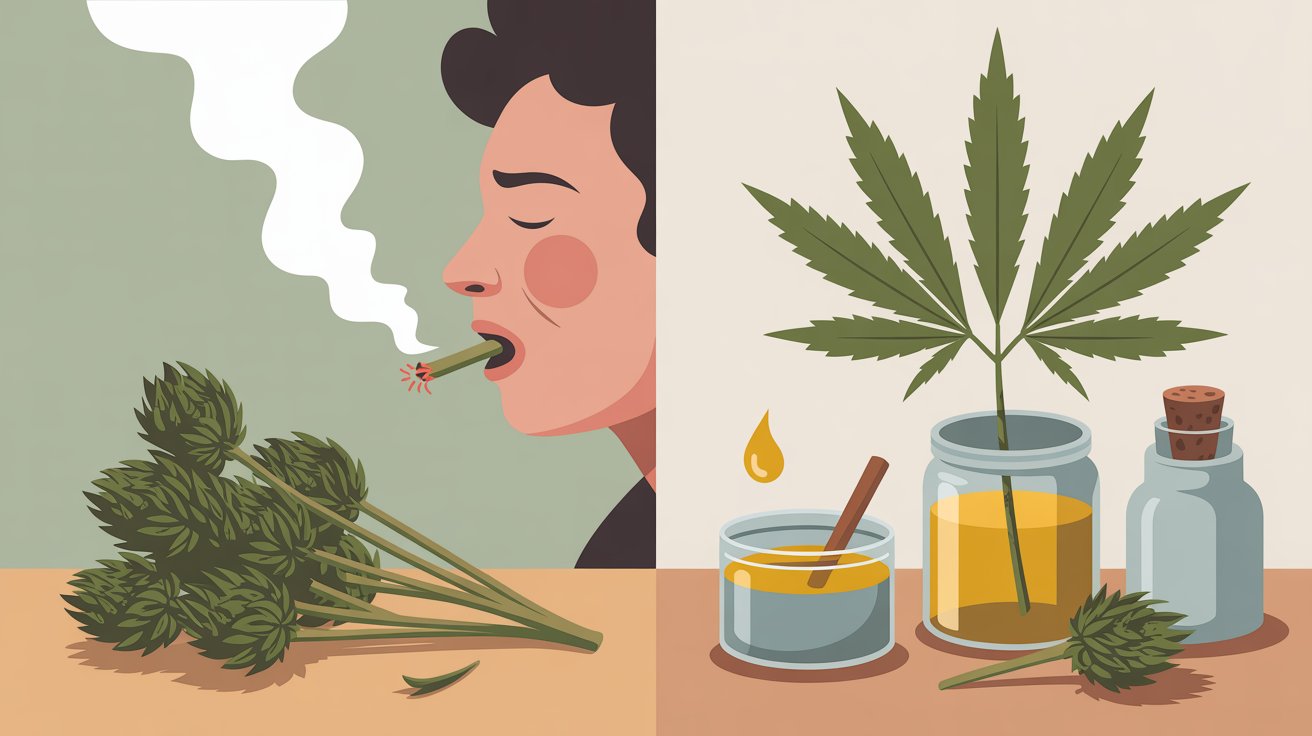 Cannabis stems smoking harsh cough versus tea tincture preparation calm herbal wellness contrast scene