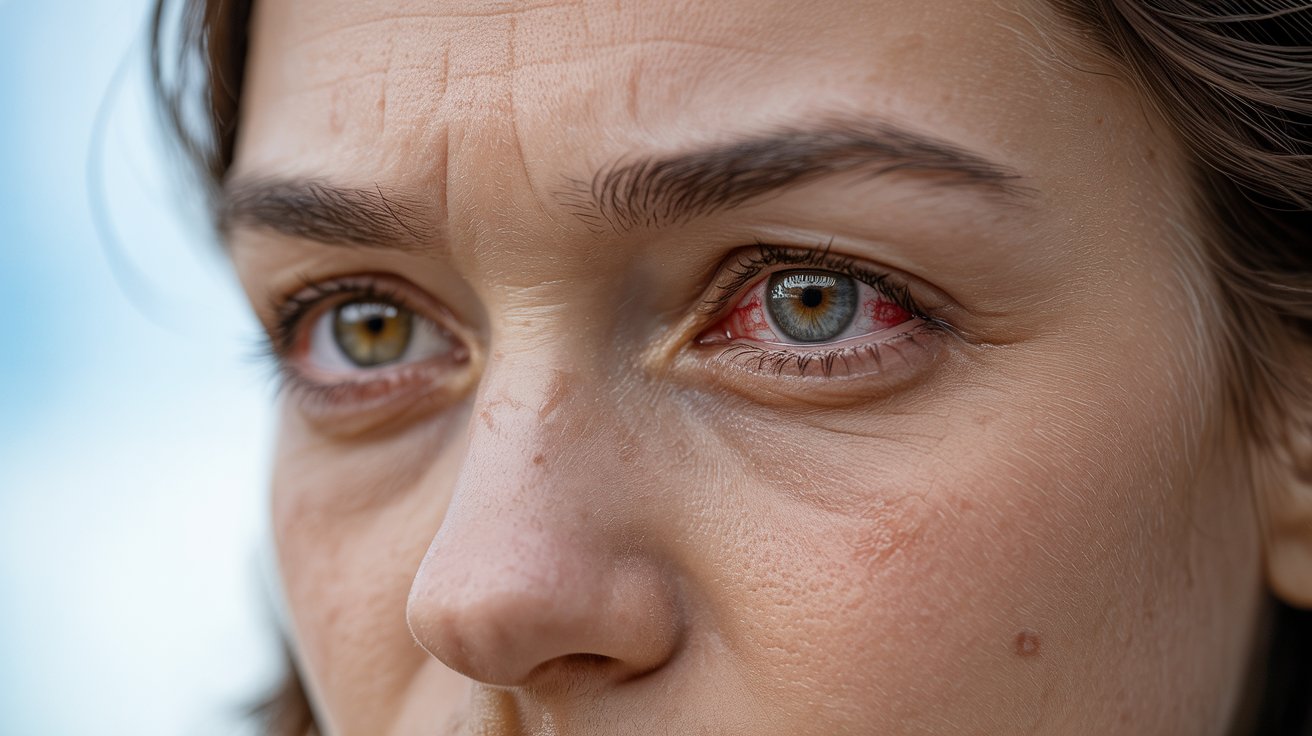 Close-up of mildly red human eyes with natural lighting and realistic facial skin texture