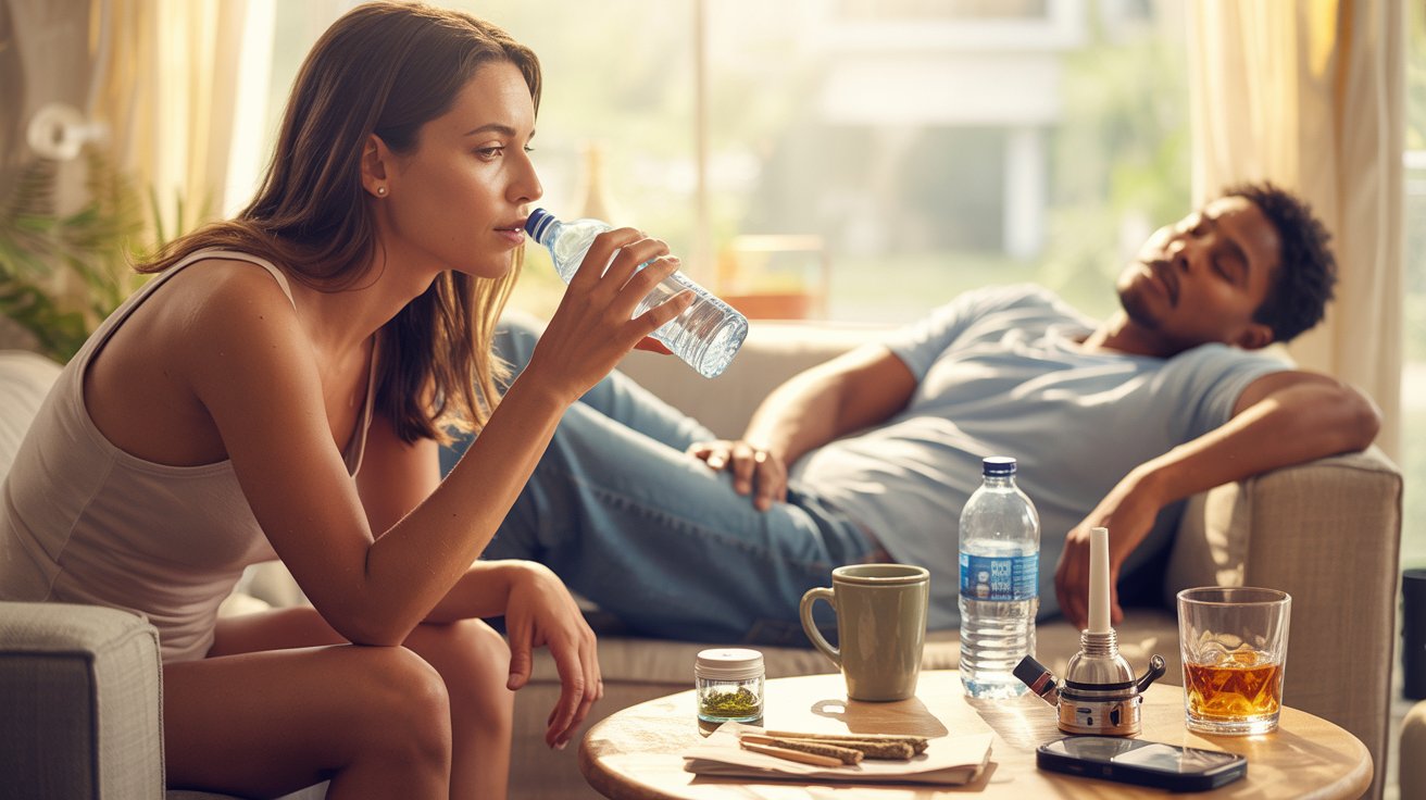 Different cannabis users experiencing varying dry mouth and dehydration sensations influenced by lifestyle and THC sensitivity