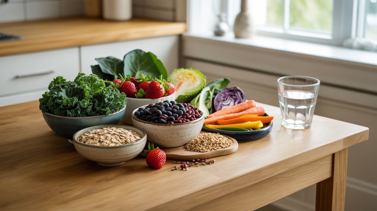 "Fiber-rich detox foods including leafy greens, berries, oats, and vegetables for healthy cannabis detox support."