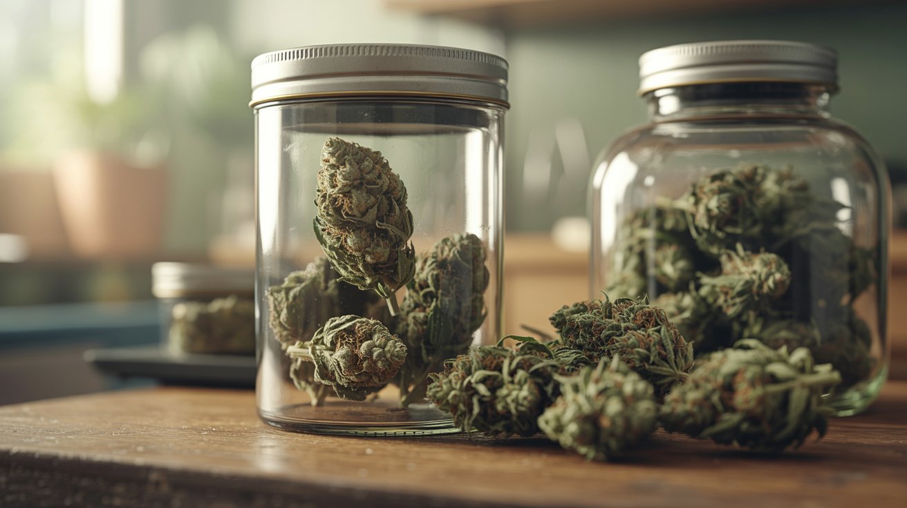 Old and fresh cannabis buds stored in glass jars showing proper weed storage conditions indoors