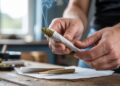"Close-up of hands packing a pre-rolled cone with herbal blend on a wooden table under soft natural light"