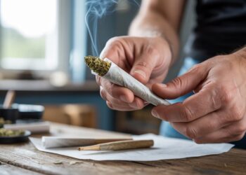 "Close-up of hands packing a pre-rolled cone with herbal blend on a wooden table under soft natural light"