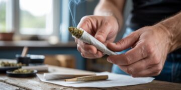 "Close-up of hands packing a pre-rolled cone with herbal blend on a wooden table under soft natural light"