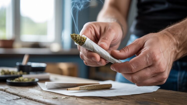 "Close-up of hands packing a pre-rolled cone with herbal blend on a wooden table under soft natural light"