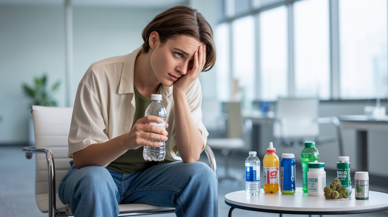 Cannabis user experiencing serious dehydration symptoms while holding water bottle in a realistic healthcare setting.