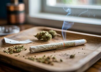 "Hand-rolled joint without a filter on a wooden tray with cannabis buds and rolling papers in a realistic close-up setting."