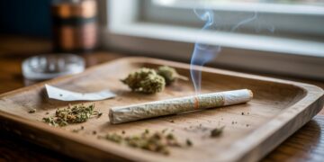 "Hand-rolled joint without a filter on a wooden tray with cannabis buds and rolling papers in a realistic close-up setting."
