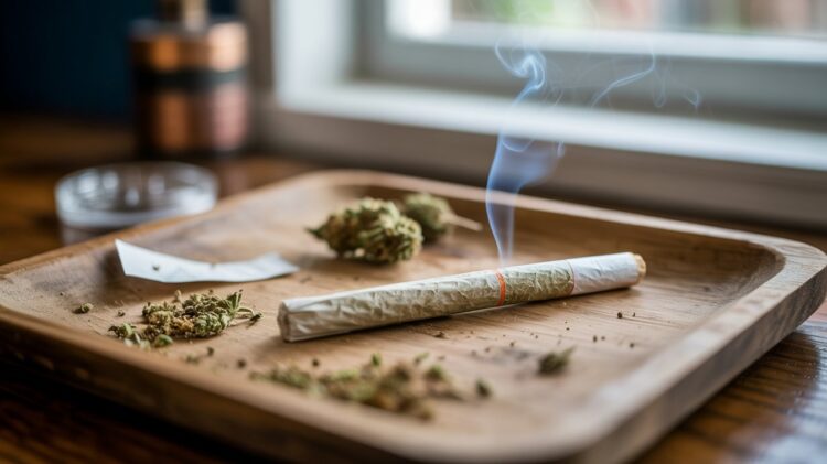 "Hand-rolled joint without a filter on a wooden tray with cannabis buds and rolling papers in a realistic close-up setting."