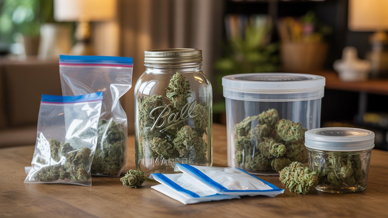 Mason jars and smell-proof cannabis containers with humidity packs preserving fresh marijuana buds properly