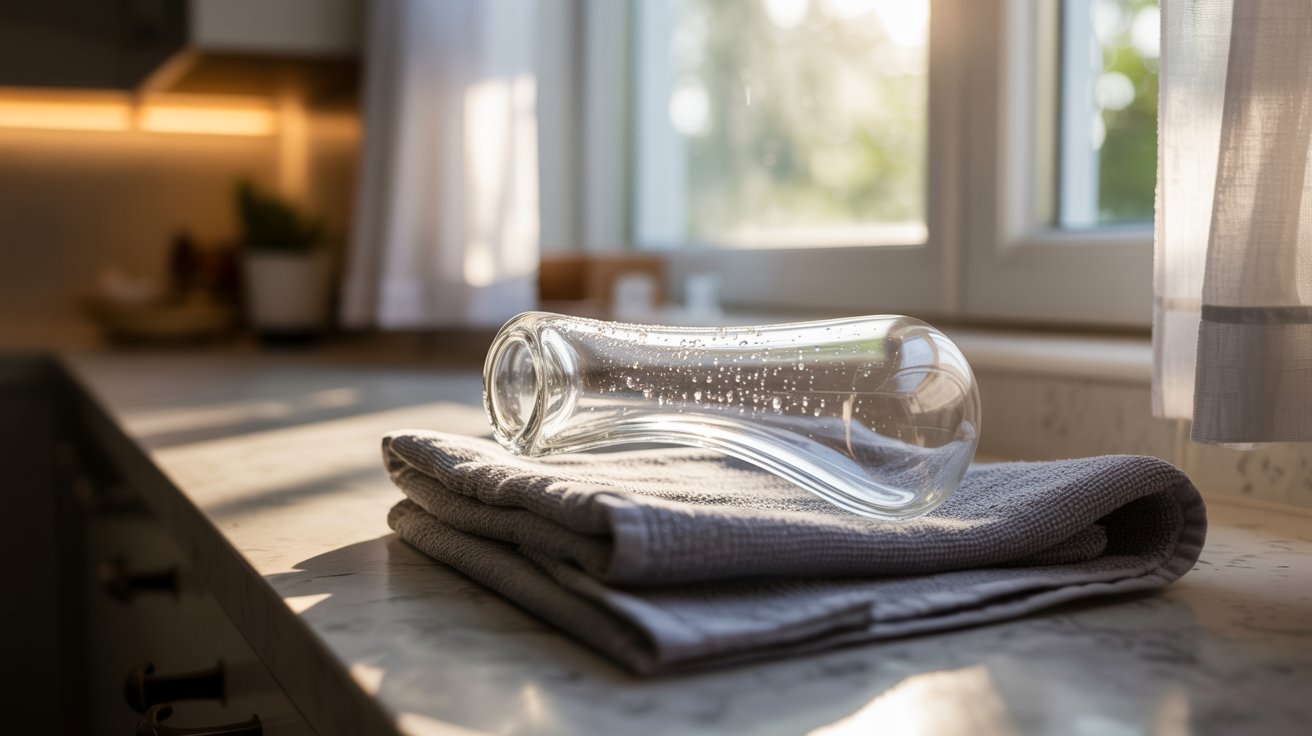 "Close-up of a glass pipe drying on a clean towel near a sunlit window with visible moisture evaporating, emphasizing proper air-drying after cleaning"
