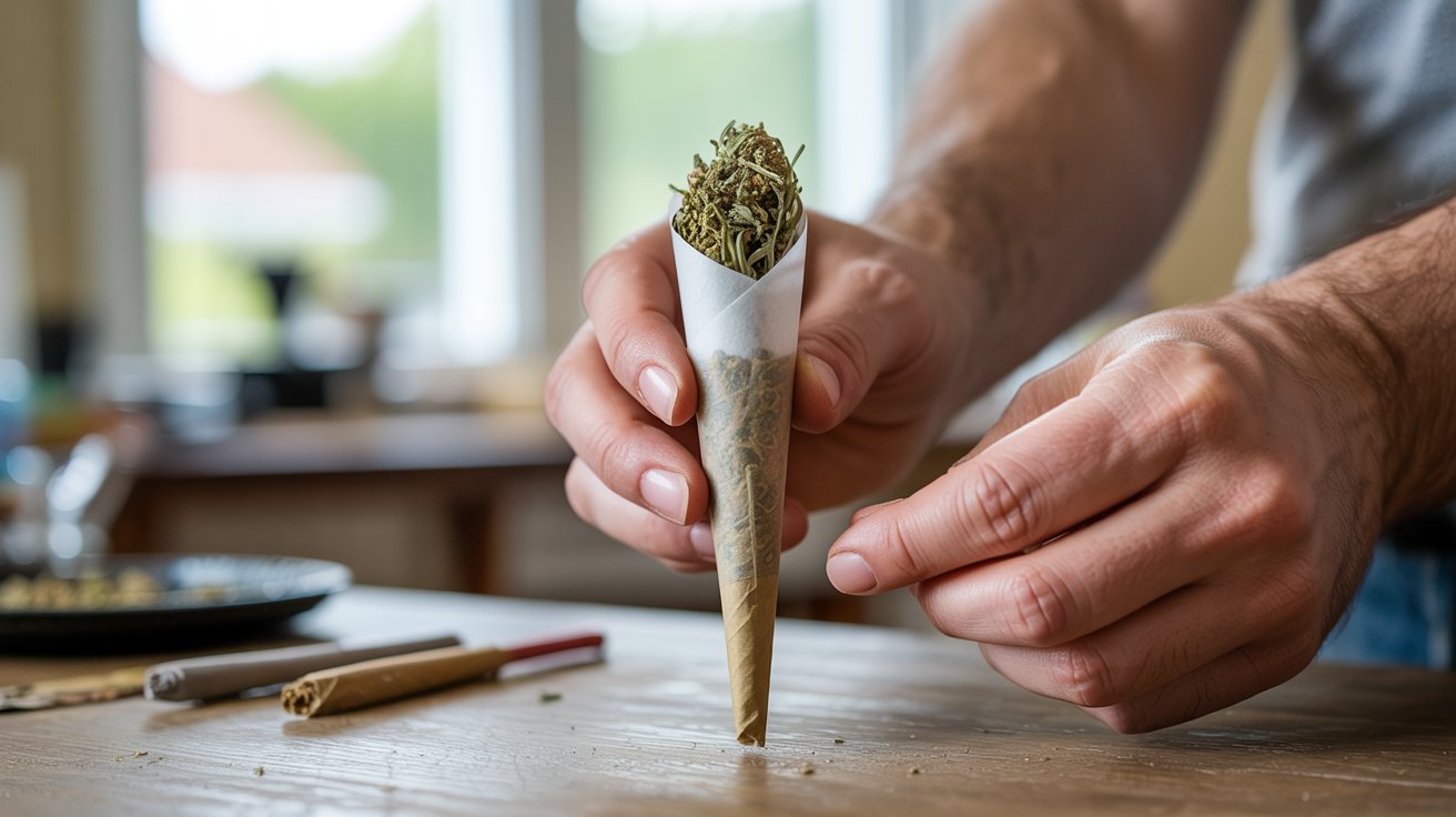 "Hands packing a pre-rolled cone with dried herbal blend on a wooden table highlighting airflow and even filling technique"