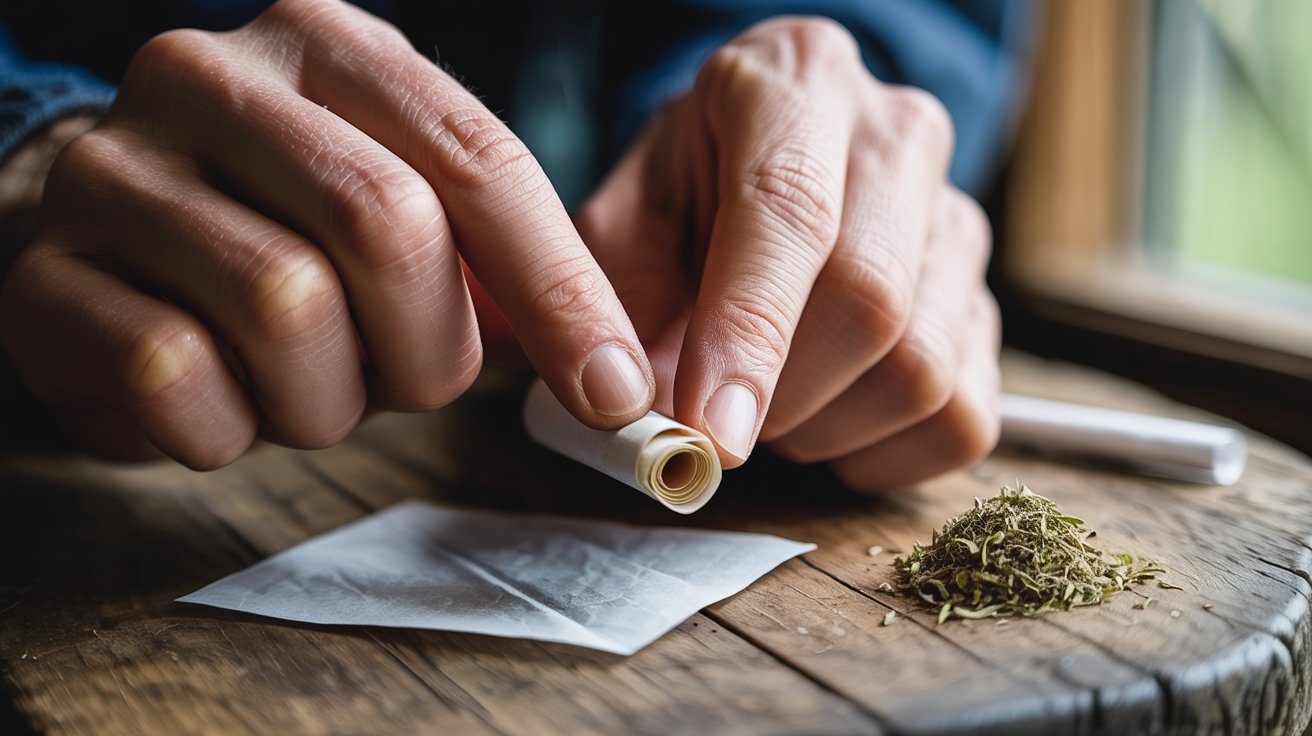 "Hands rolling a symmetrical paper filter tip evenly on a wooden table beside rolling papers and herbal blend."