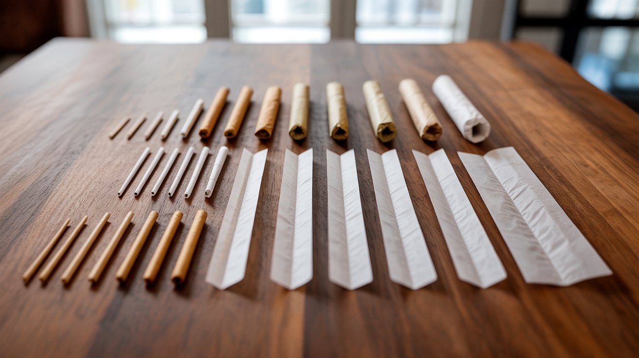 "Different sized paper filters matched with slim and king-size rolling papers arranged on a wooden surface."