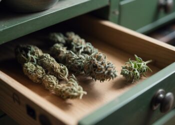 "Aged cannabis buds in a drawer showing dry texture and faded color compared to fresh weed for cannabis shelf life awareness."