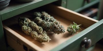 "Aged cannabis buds in a drawer showing dry texture and faded color compared to fresh weed for cannabis shelf life awareness."