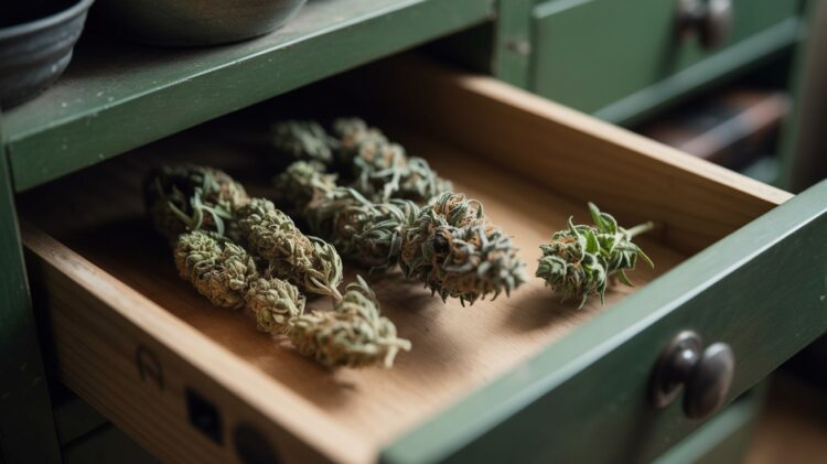 "Aged cannabis buds in a drawer showing dry texture and faded color compared to fresh weed for cannabis shelf life awareness."