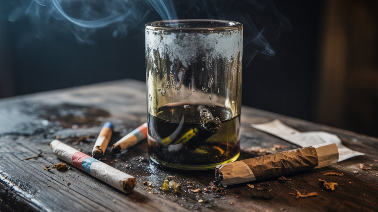 "Dirty glass bong with cloudy water beside rolling papers and a burned wrap, showing hidden risks and chemical exposure from cannabis smoking."