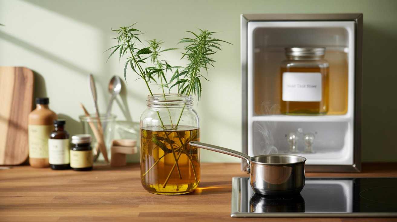 Cannabis stems coconut oil infusion jar saucepan kitchen skincare cooking natural wellness aesthetic