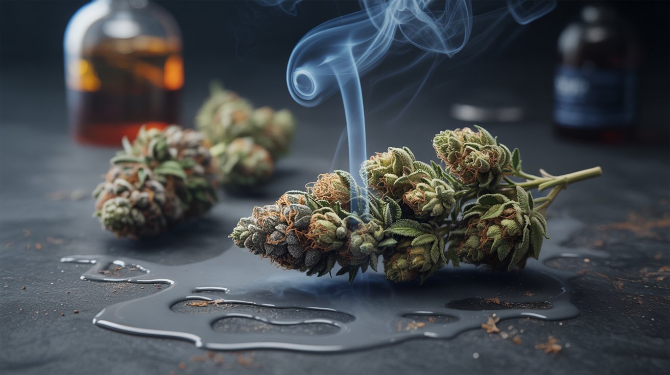 Suspicious cannabis buds with chemical residue and artificial appearance under dramatic forensic-style lighting atmosphere.
