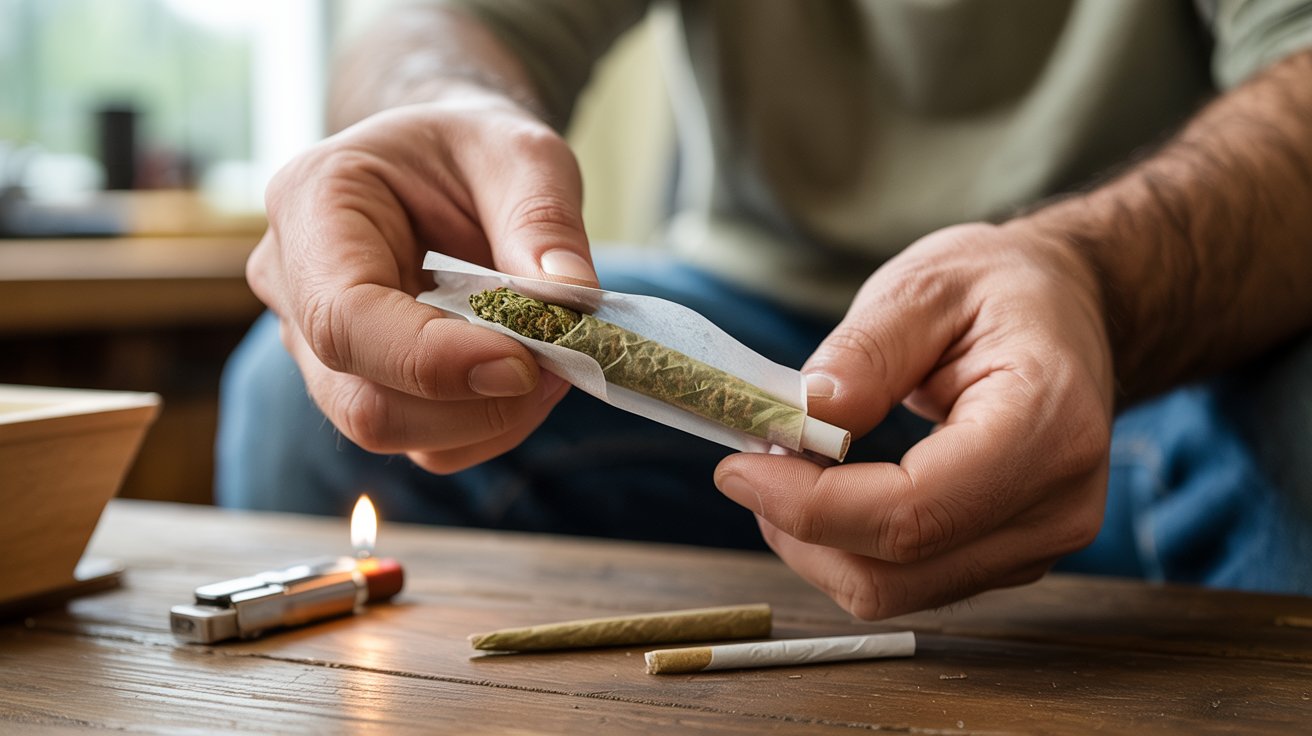 "Hands checking a properly packed joint before lighting to ensure smooth airflow and an even burn."