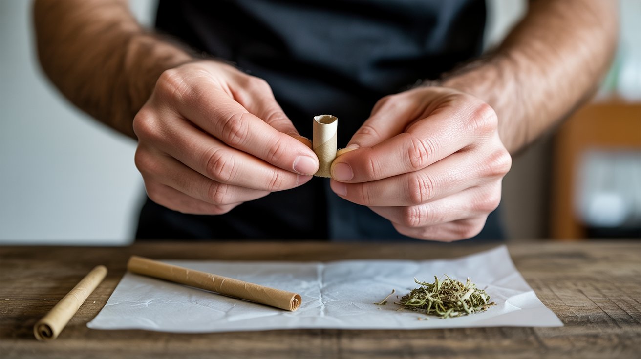 "Hands rolling a small cardboard filter tip on a wooden surface with rolling papers and dried herbs nearby."