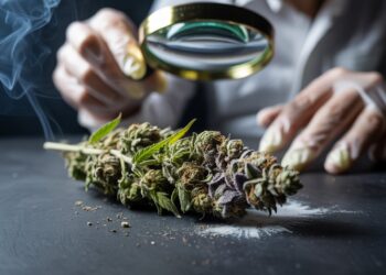 Suspicious cannabis buds with powdery residue and discoloration beside natural marijuana under dramatic forensic lighting.